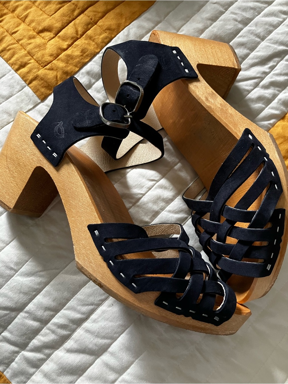 Navy Blue Leather Strappy Wooden Block Clog Sandal